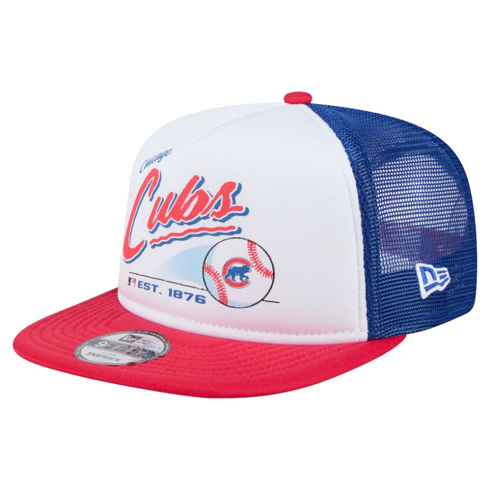 Chicago Cubs Retro Script Trucker 9FIFTY Snapback Hat White/Red