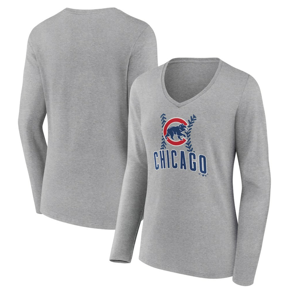 Chicago Cubs Women's Fastball Long Sleeve V-Neck T-Shirt Gray