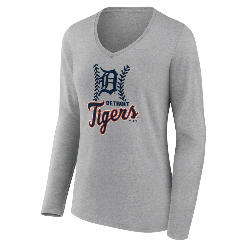 Detroit Tigers Women's Fastball Long Sleeve V-Neck T-Shirt Gray