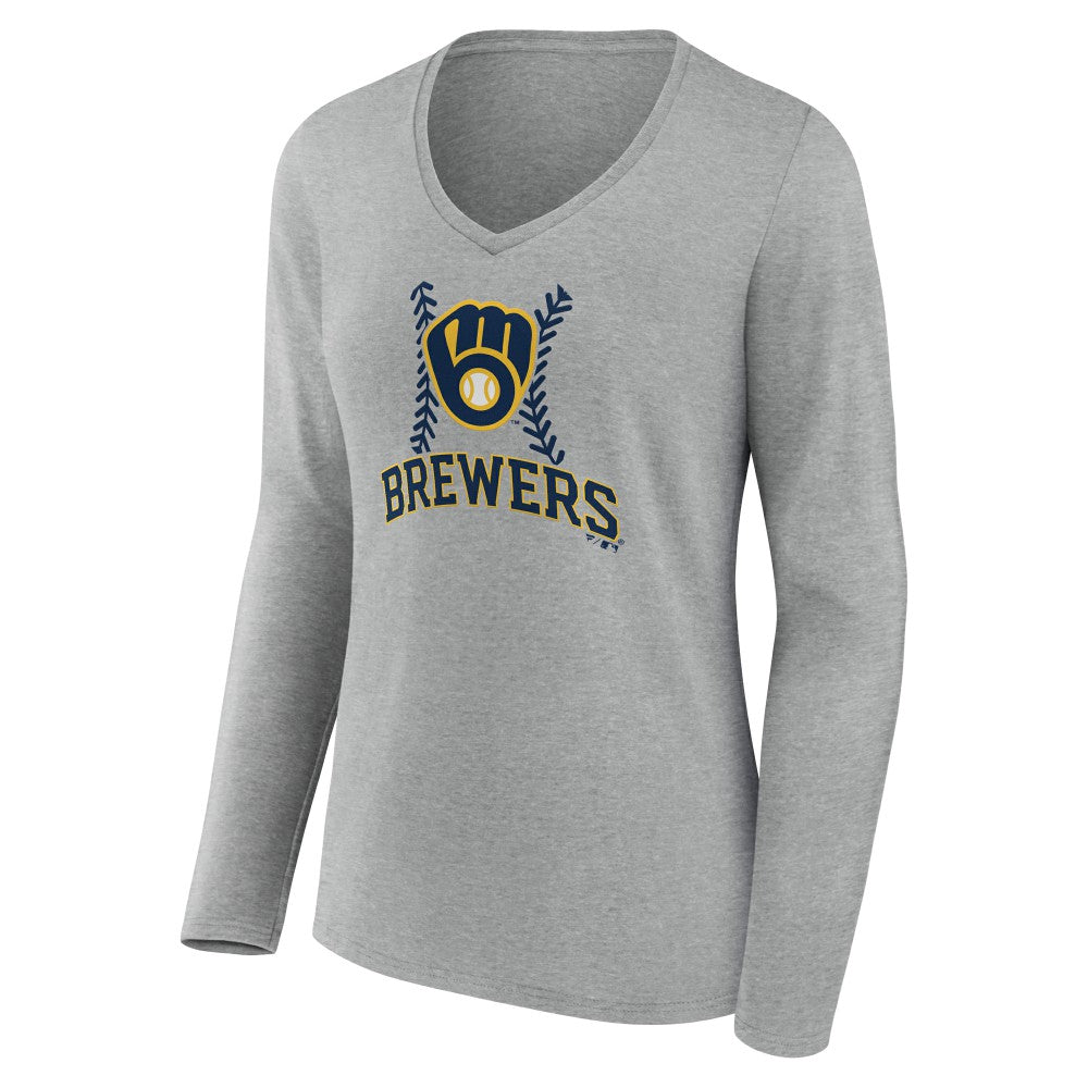 Milwaukee Brewers Women's Fastball Long Sleeve V-Neck T-Shirt Gray