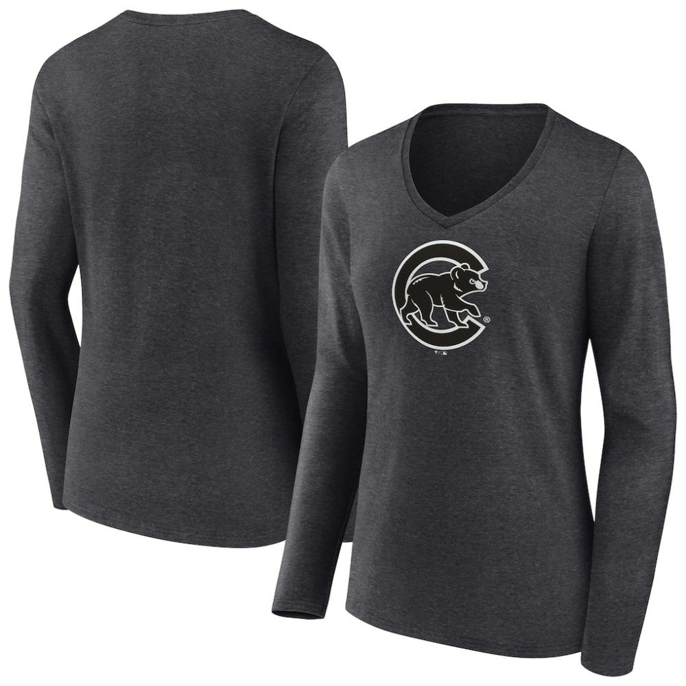 Chicago Cubs Women's Monochrome Long Sleeve V-Neck T-Shirt Charcoal