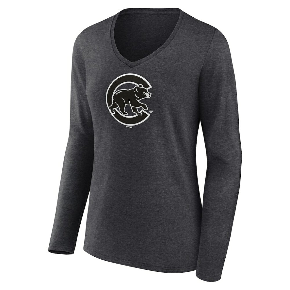 Chicago Cubs Women's Monochrome Long Sleeve V-Neck T-Shirt Charcoal