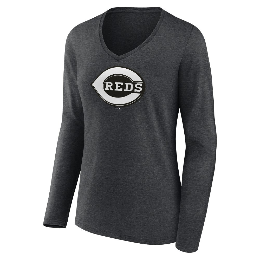 Cincinnati Reds Women's Monochrome Long Sleeve V-Neck T-Shirt Charcoal