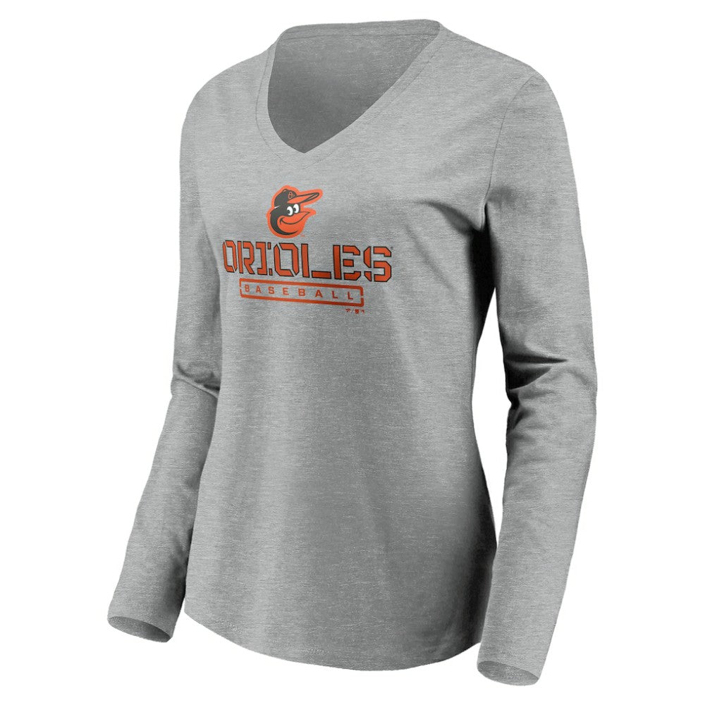 Baltimore Orioles Women's Evanston Stencil Long Sleeve V-Neck T-Shirt Gray