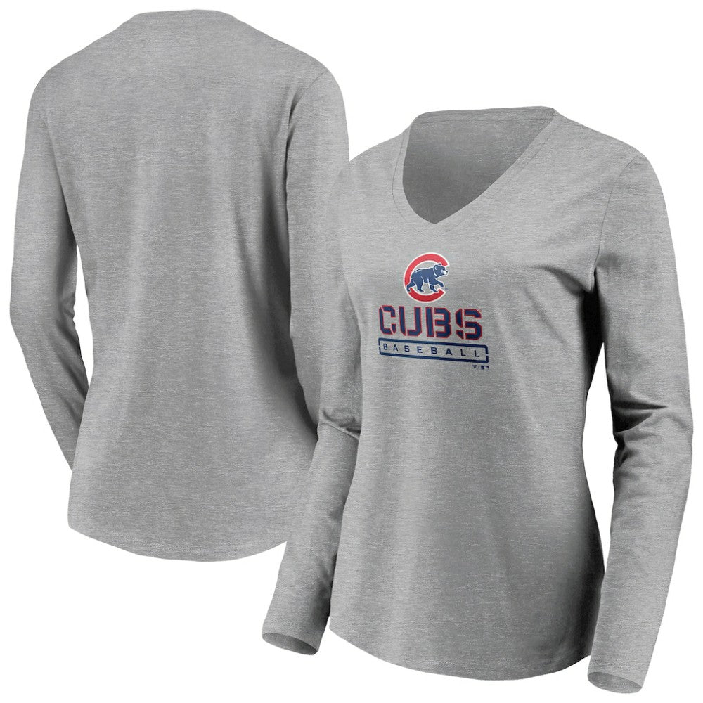 Chicago Cubs Women's Evanston Stencil Long Sleeve V-Neck T-Shirt Gray