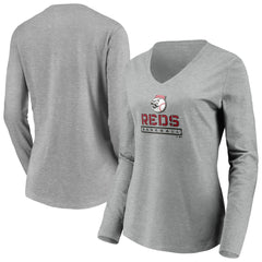 Cincinnati Reds Women's Evanston Stencil Long Sleeve V-Neck T-Shirt Gray