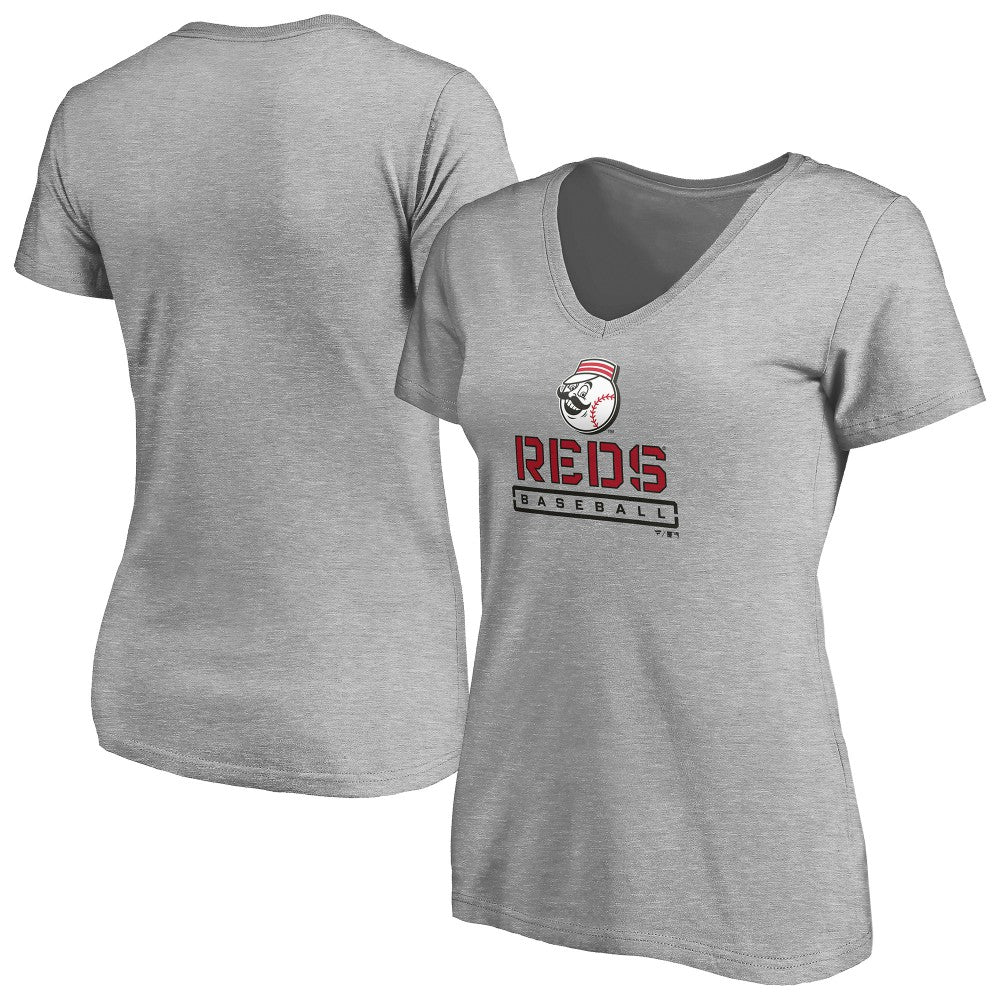 Cincinnati Reds Women's Evanston Stencil V-Neck T-Shirt Gray