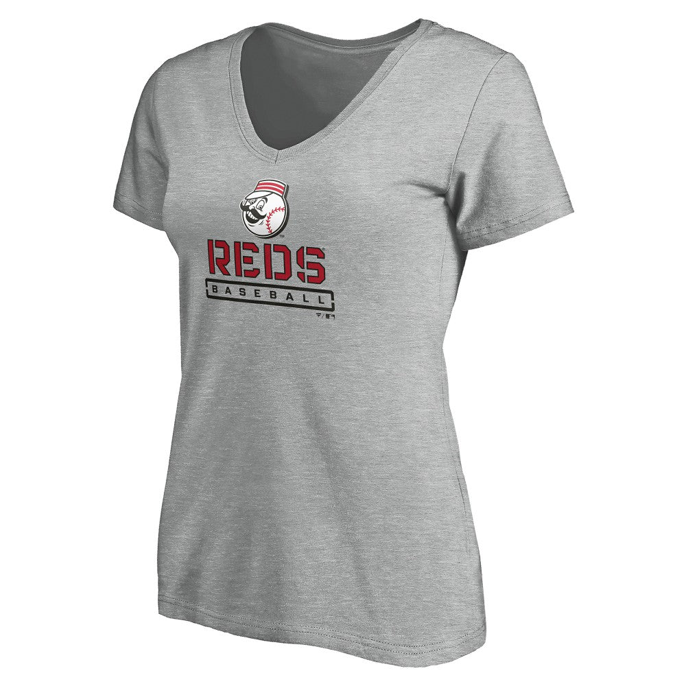 Cincinnati Reds Women's Evanston Stencil V-Neck T-Shirt Gray