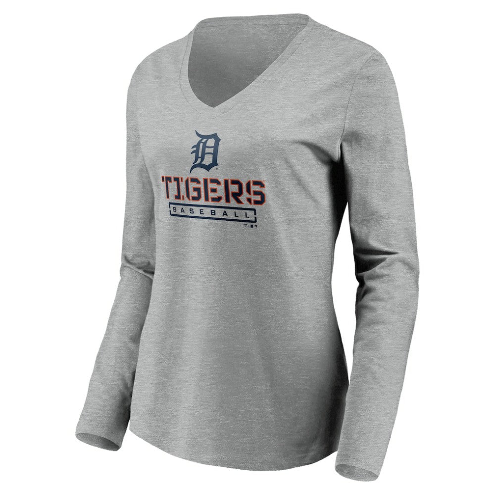 Detroit Tigers Women's Evanston Stencil Long Sleeve V-Neck T-Shirt Gray