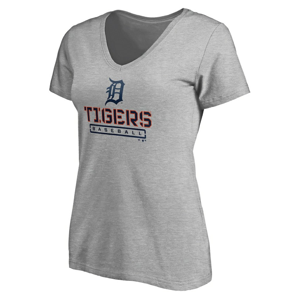 Detroit Tigers Women's Evanston Stencil V-Neck T-Shirt Gray