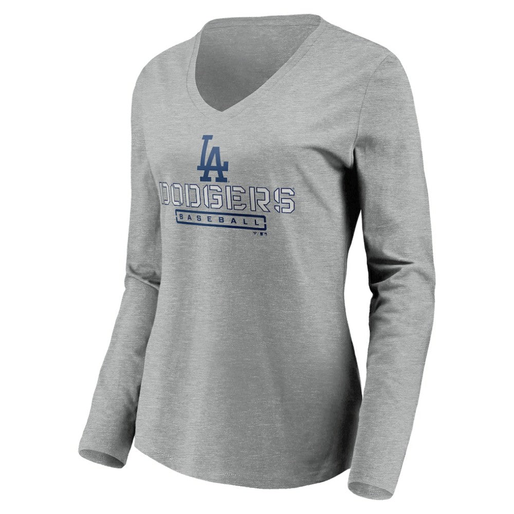 Los Angeles Dodgers Women's Evanston Stencil Long Sleeve V-Neck T-Shirt Gray