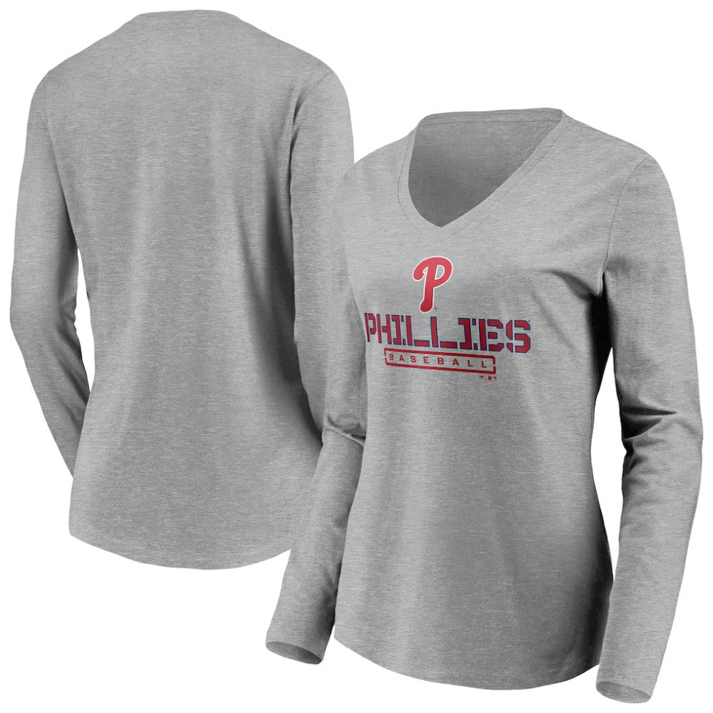 Philadelphia Phillies Women's Evanston Stencil Long Sleeve V-Neck T-Shirt Gray