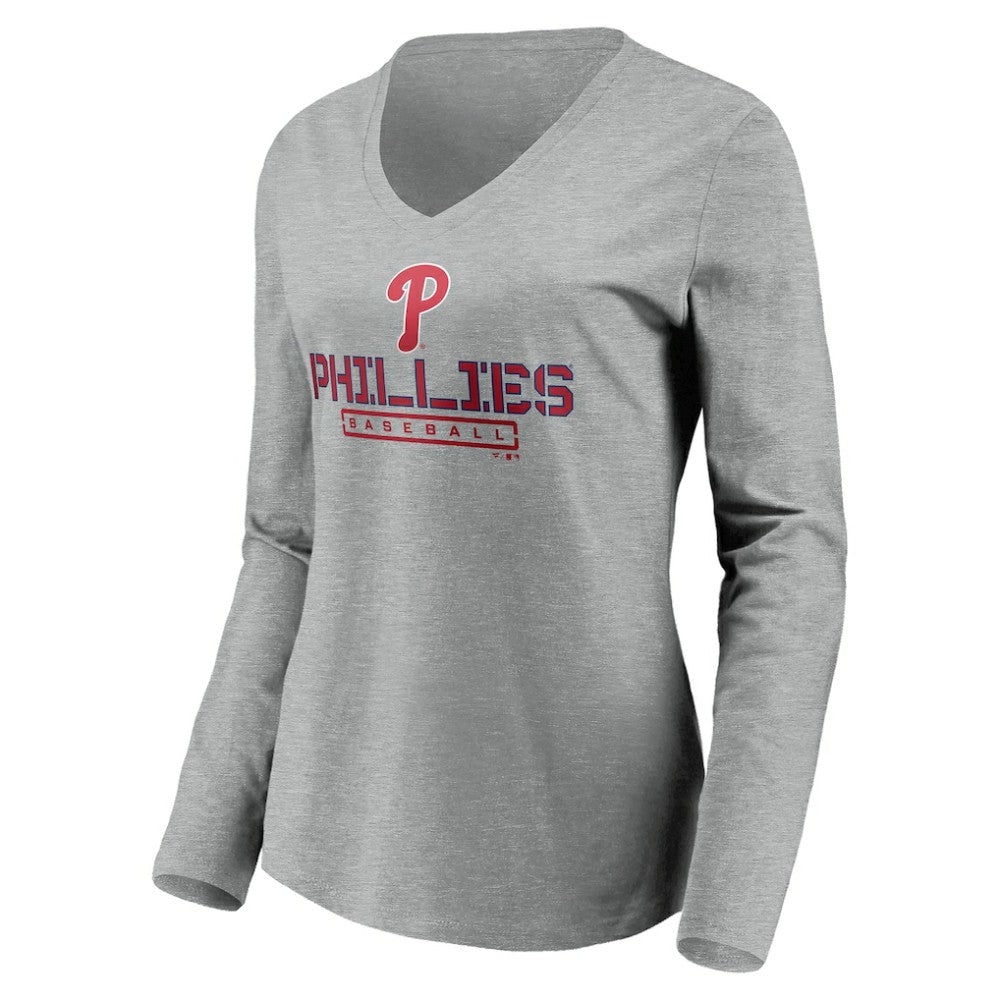 Philadelphia Phillies Women's Evanston Stencil Long Sleeve V-Neck T-Shirt Gray