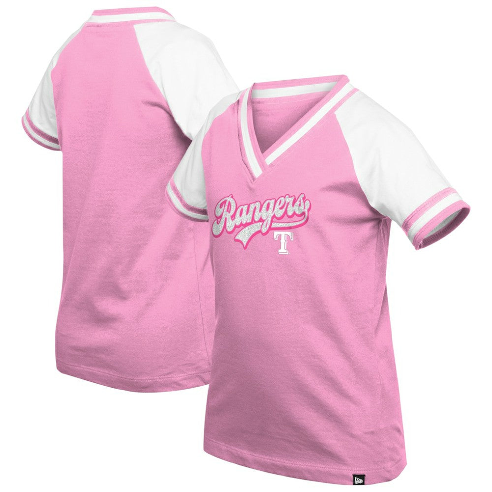 Texas Rangers Girls Youth Mommy & Me Raglan V-Neck T-Shirt Pink