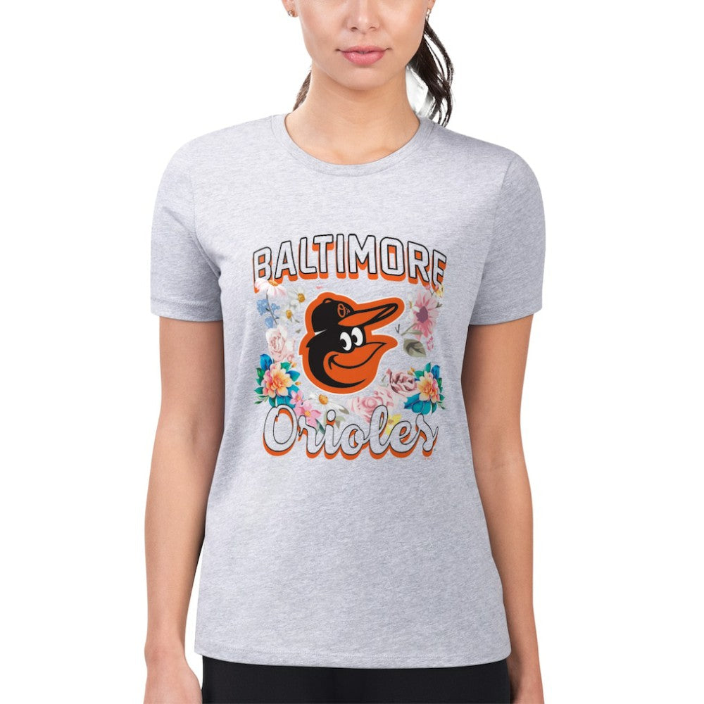 Baltimore Orioles G-III 4Her by Carl Banks Women's Super-Slim Fit Lightweight Flowers Graphic T-Shirt Heather Gray