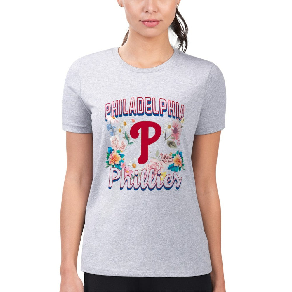 Philadelphia Phillies G-III 4Her by Carl Banks Women's Super-Slim Fit Lightweight Flowers Graphic T-Shirt Heather Gray