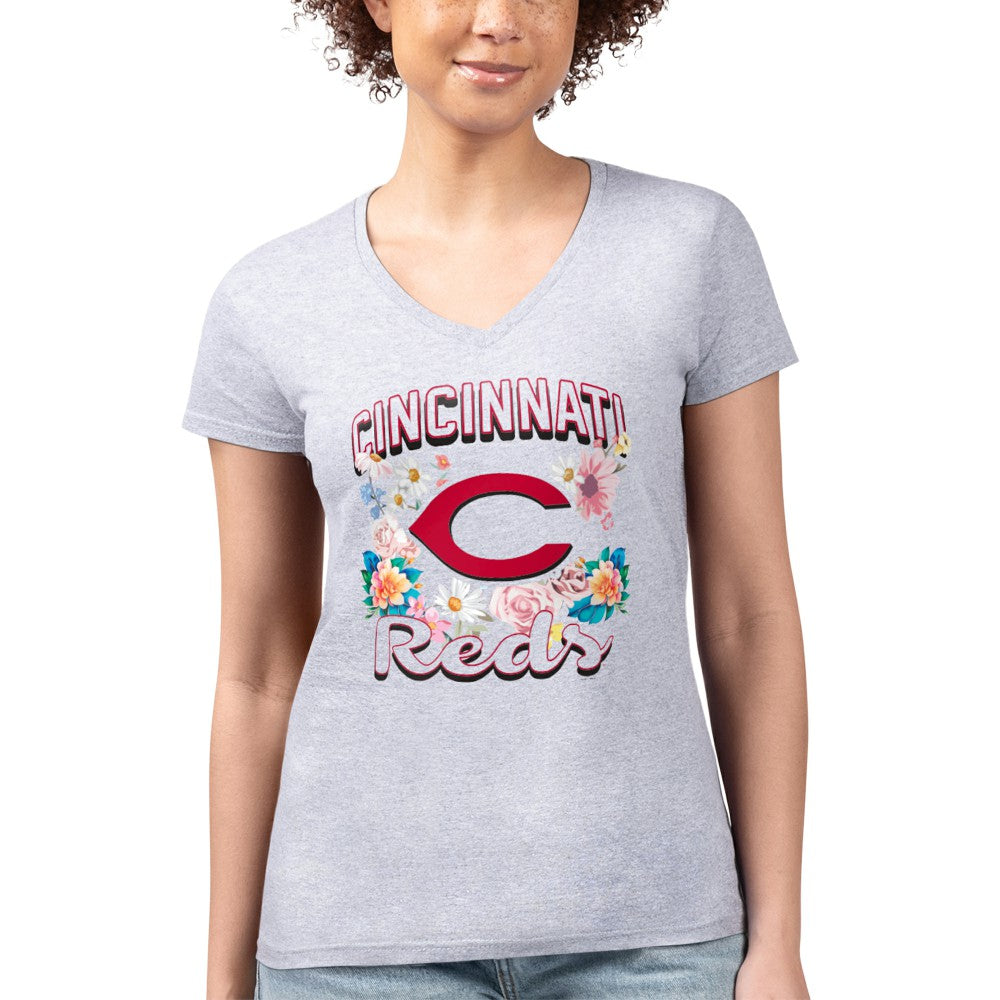 Cincinnati Reds G-III 4Her by Carl Banks Women's Super-Slim Fit Lightweight Flowers Graphic V-Neck T-Shirt Heather Gray