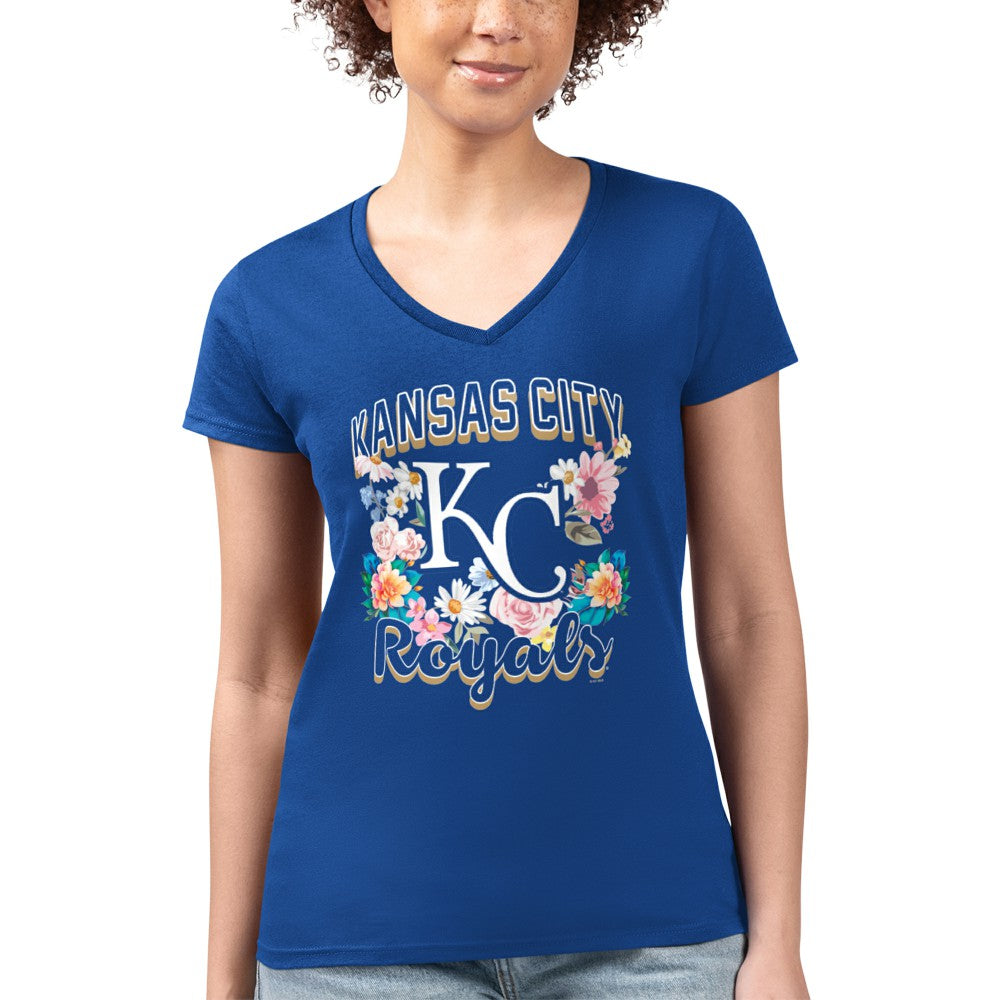 Kansas City Royals G-III 4Her by Carl Banks Women's Super-Slim Fit Lightweight Flowers Graphic V-Neck T-Shirt Royal
