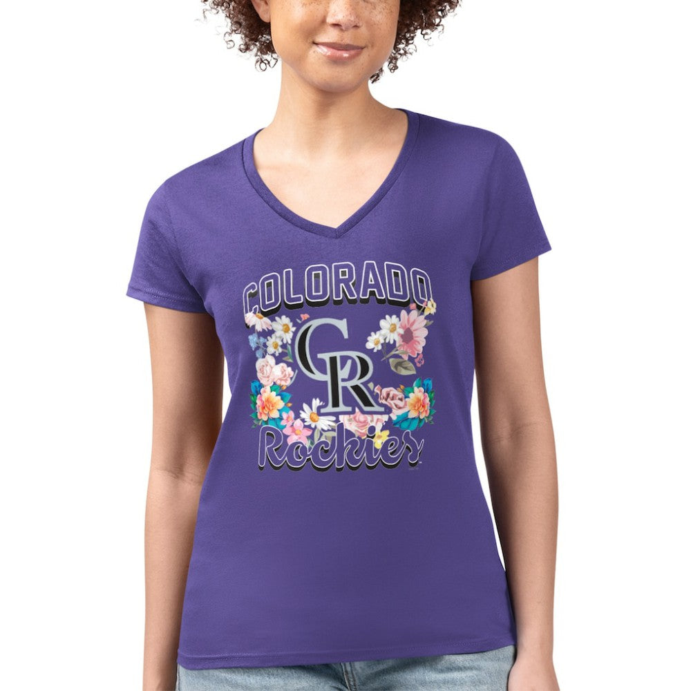 Colorado Rockies G-III 4Her by Carl Banks Women's Super-Slim Fit Lightweight Flowers Graphic V-Neck T-Shirt Purple