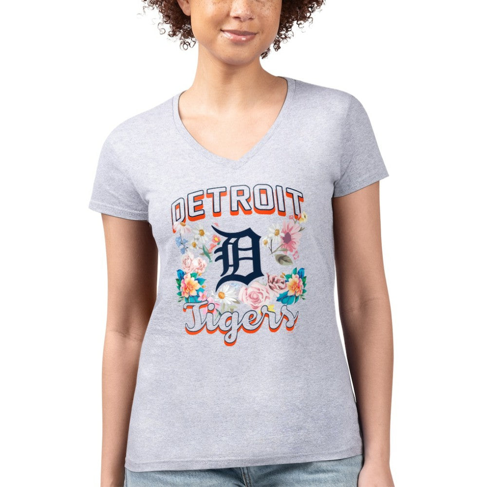 Detroit Tigers G-III 4Her by Carl Banks Women's Super-Slim Fit Lightweight Flowers Graphic V-Neck T-Shirt Heather Gray