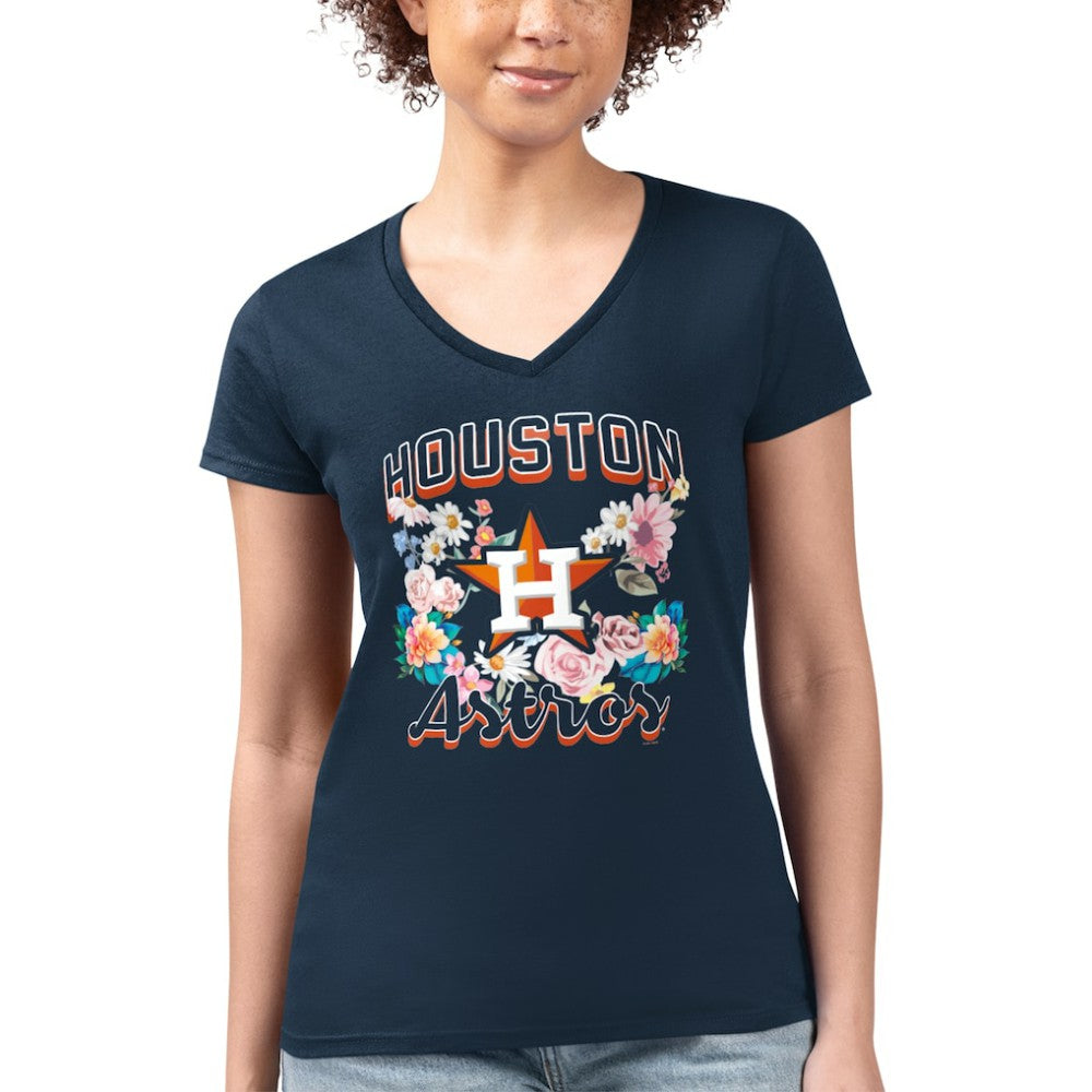 Houston Astros G-III 4Her by Carl Banks Women's Super-Slim Fit Lightweight Flowers Graphic V-Neck T-Shirt Navy