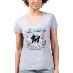 Miami Marlins G-III 4Her by Carl Banks Women's Super-Slim Fit Lightweight Flowers Graphic V-Neck T-Shirt Heather Gray