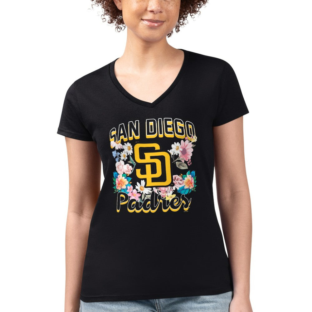 San Diego Padres G-III 4Her by Carl Banks Women's Super-Slim Fit Lightweight Flowers Graphic V-Neck T-Shirt Black
