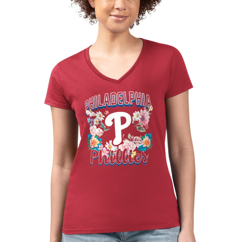 Philadelphia Phillies G-III 4Her by Carl Banks Women's Super-Slim Fit Lightweight Flowers Graphic V-Neck T-Shirt Red