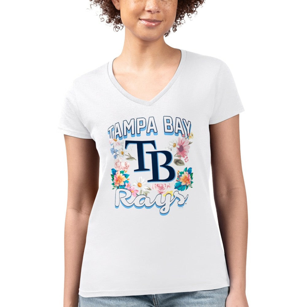 Tampa Bay Rays G-III 4Her by Carl Banks Women's Super-Slim Fit Lightweight Flowers Graphic V-Neck T-Shirt White