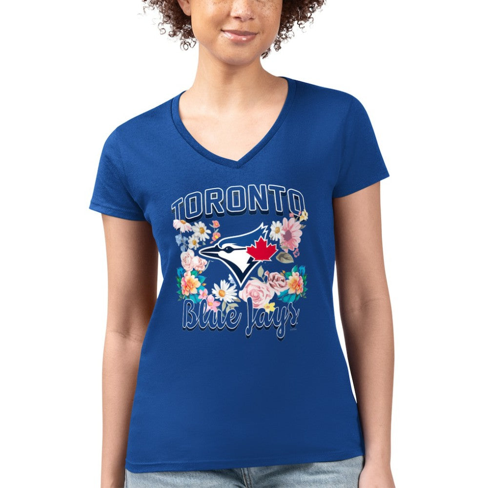 Toronto Blue Jays G-III 4Her by Carl Banks Women's Super-Slim Fit Lightweight Flowers Graphic V-Neck T-Shirt Royal