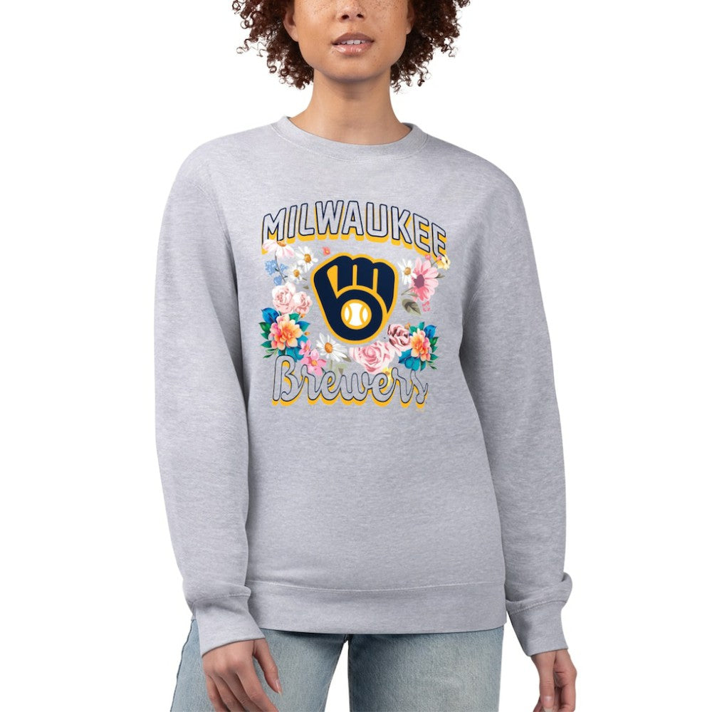 Milwaukee Brewers G-III 4Her by Carl Banks Women's Flowers Graphic Pullover Sweatshirt Heather Gray