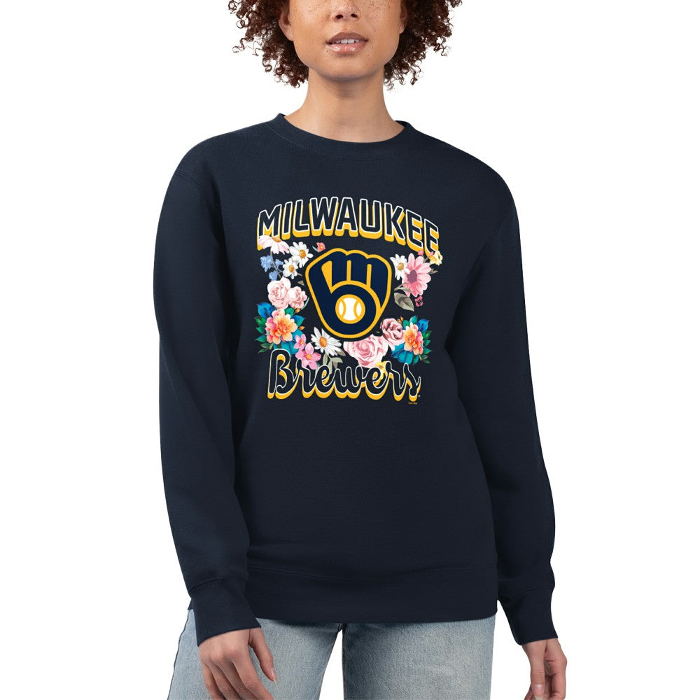 Milwaukee Brewers G-III 4Her by Carl Banks Women's Flowers Graphic Pullover Sweatshirt Navy