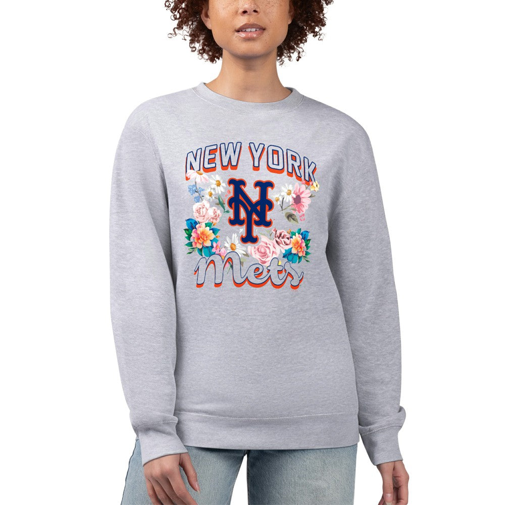 New York Mets G-III 4Her by Carl Banks Women's Flowers Graphic Pullover Sweatshirt Heather Gray