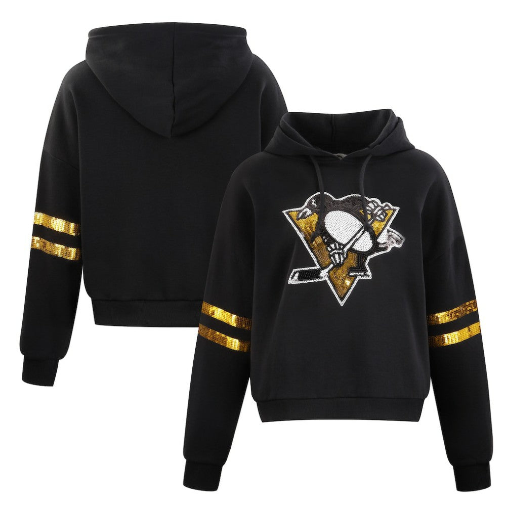 Pittsburgh Penguins Cuce Women's Sequin Cropped Pullover Hoodie - Black Hoodies