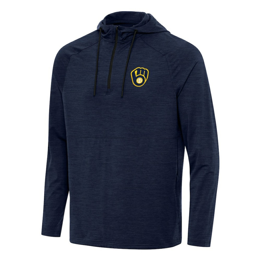 Milwaukee Brewers Antigua Spikes Quarter-Zip Pullover Hoodie Heather Navy