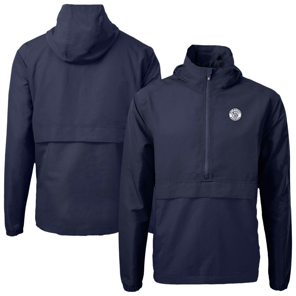 Milwaukee Brewers Cutter & Buck Charter Eco Recycled Anorak Half-Zip Hoodie Jacket Navy