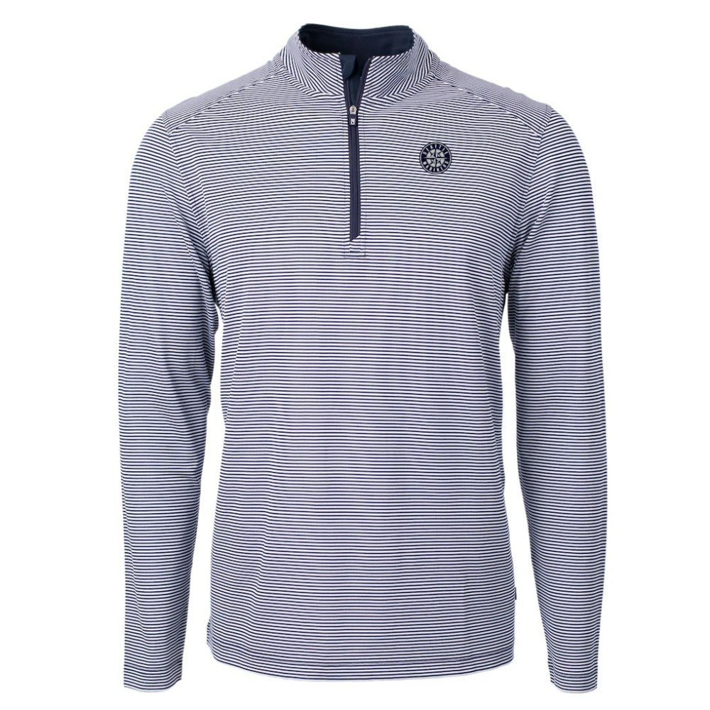 Seattle Mariners Cutter & Buck Virtue Eco Pique Micro Stripe Quarter-Zip Jacket Navy