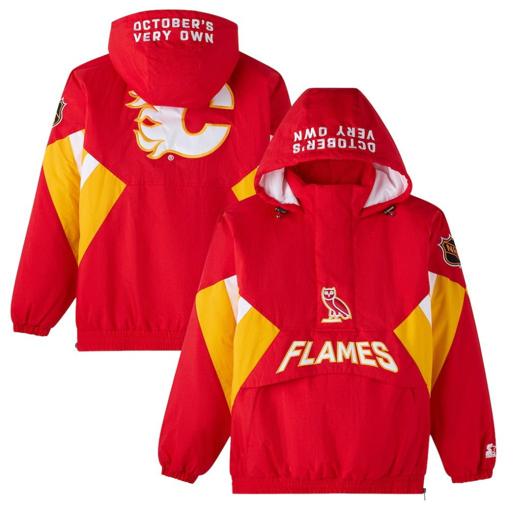 Calgary Flames OVO x Starter Half-Zip Hooded Jacket - Red Jackets