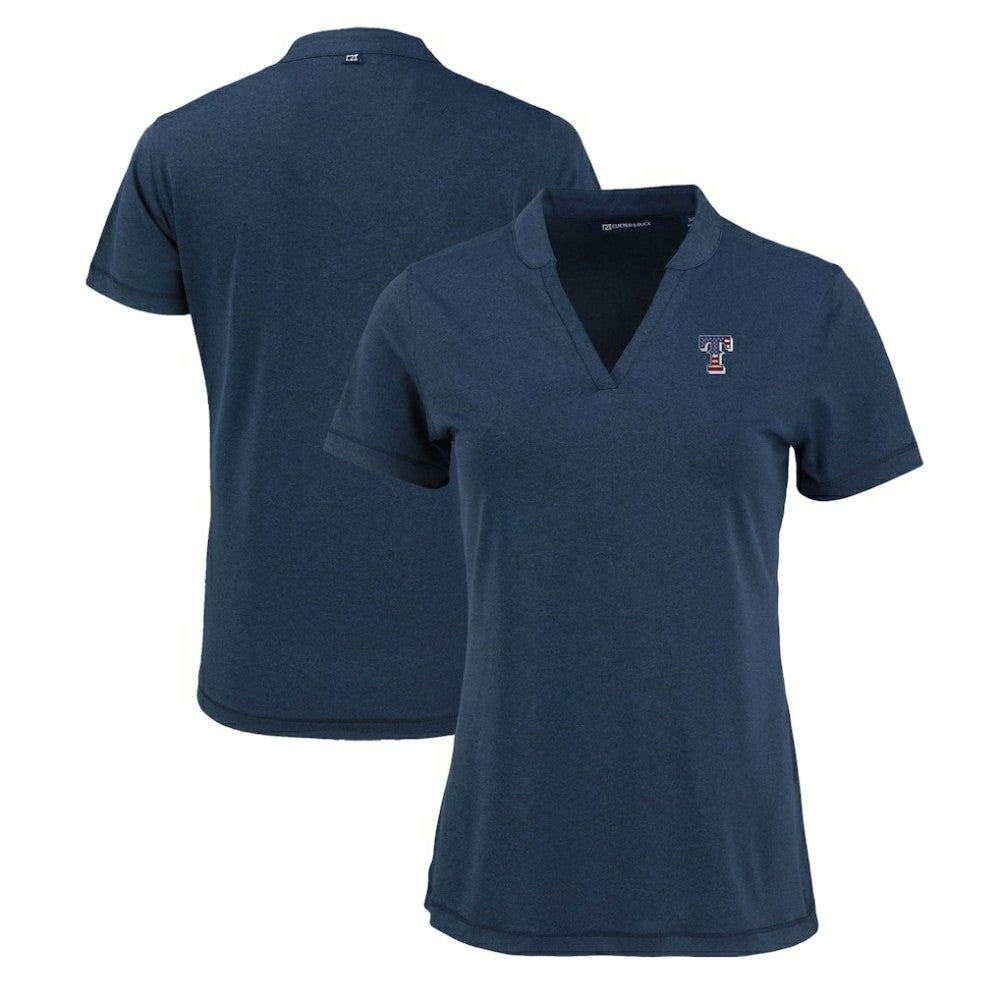 Texas Rangers Cutter & Buck Women's Forge Stretch Blade DryTec V-Neck Polo Heather Navy