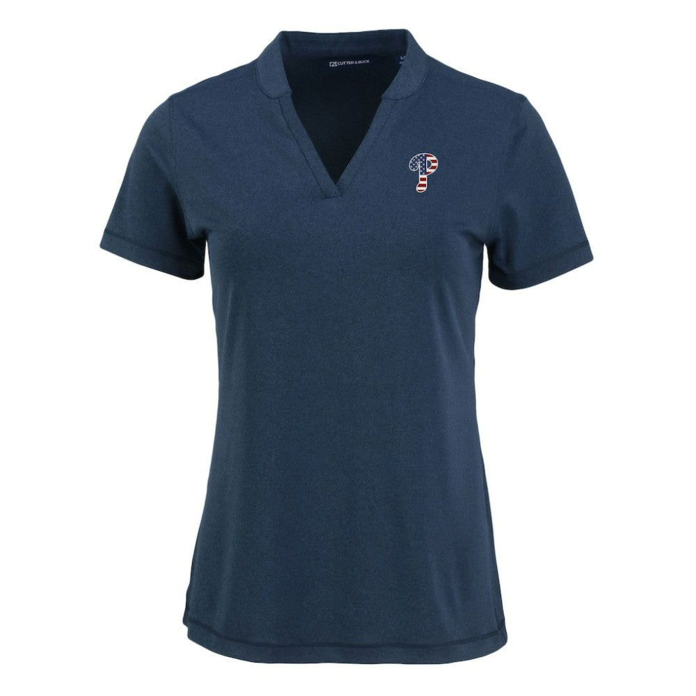 Philadelphia Phillies Cutter & Buck Women's Forge Stretch Blade DryTec V-Neck Polo Heather Navy