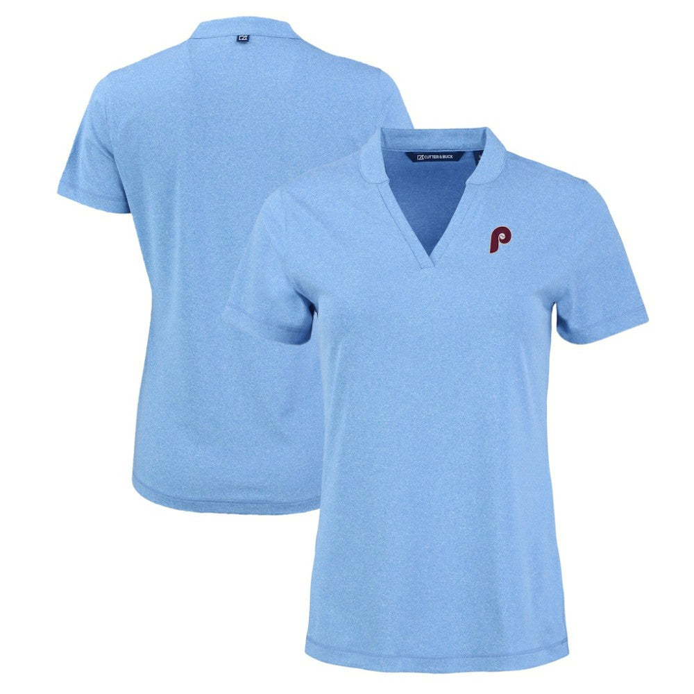Philadelphia Phillies Cutter & Buck Women's Forge Stretch Blade DryTec V-Neck Polo Heather Light Blue