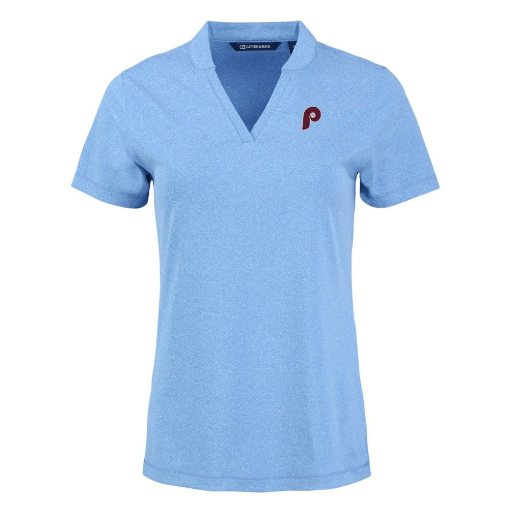 Philadelphia Phillies Cutter & Buck Women's Forge Stretch Blade DryTec V-Neck Polo Heather Light Blue