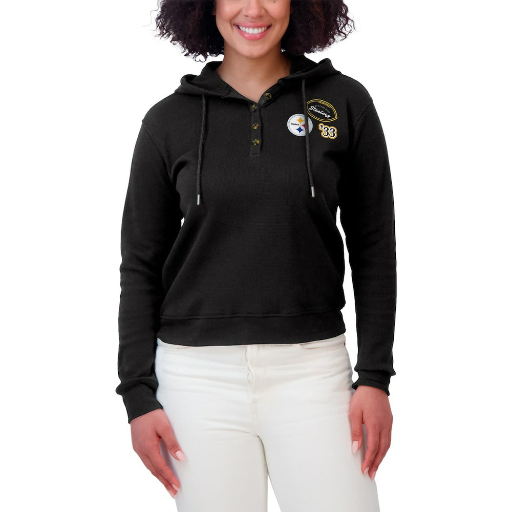 Pittsburgh Steelers WEAR by Erin Andrews Women's Plus Size Waffle Hoodie Pullover Top - Black for sale