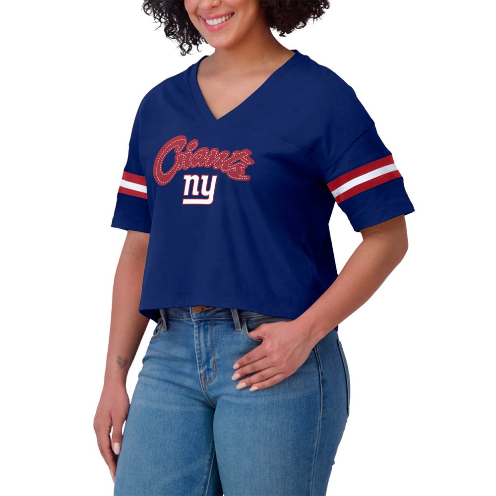New York Giants WEAR by Erin Andrews Women's Plus Size Color Block Boxy T-Shirt - Royal/White cheap