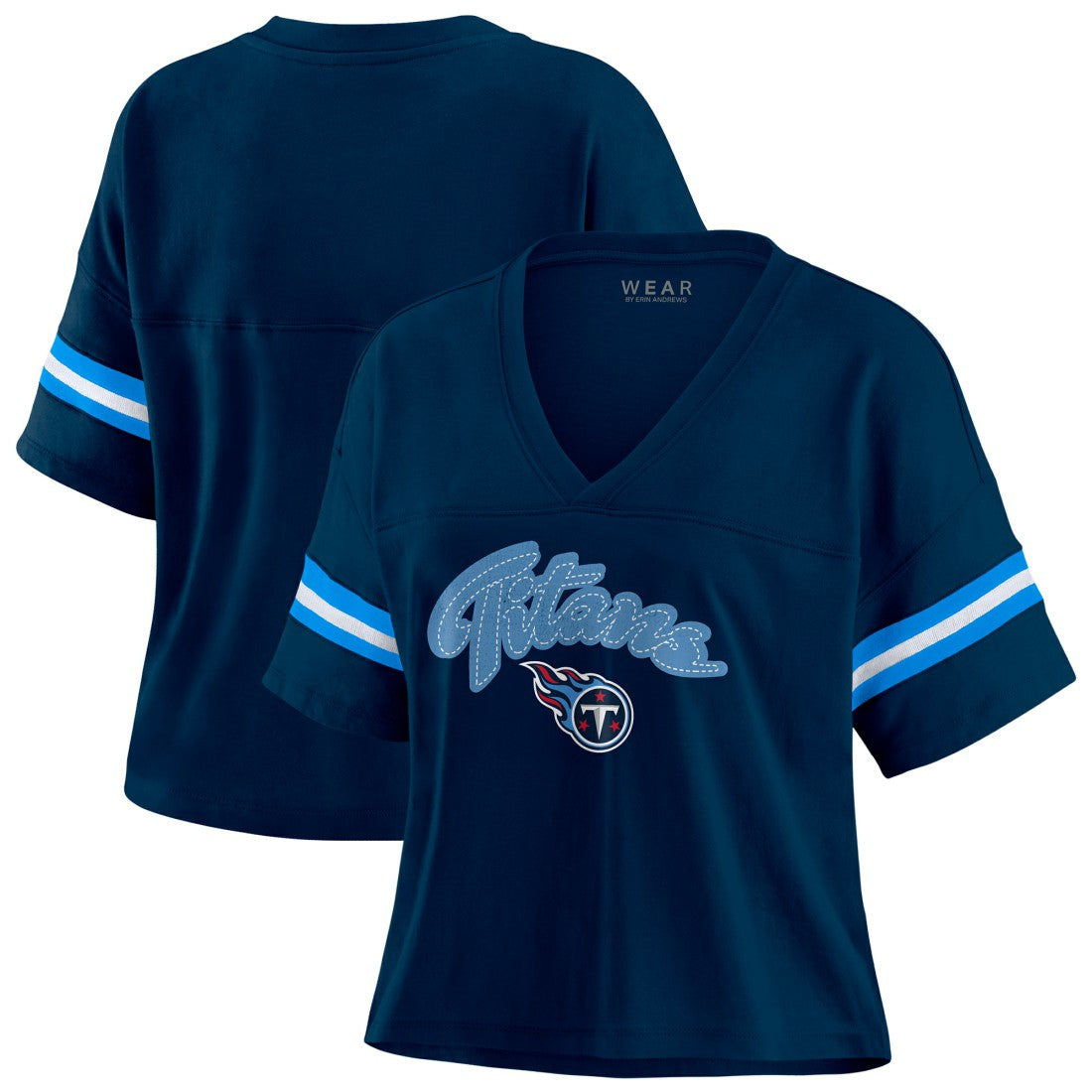 Tennessee Titans WEAR by Erin Andrews Women's Plus Size Color Block Boxy T-Shirt - Navy/White for sale