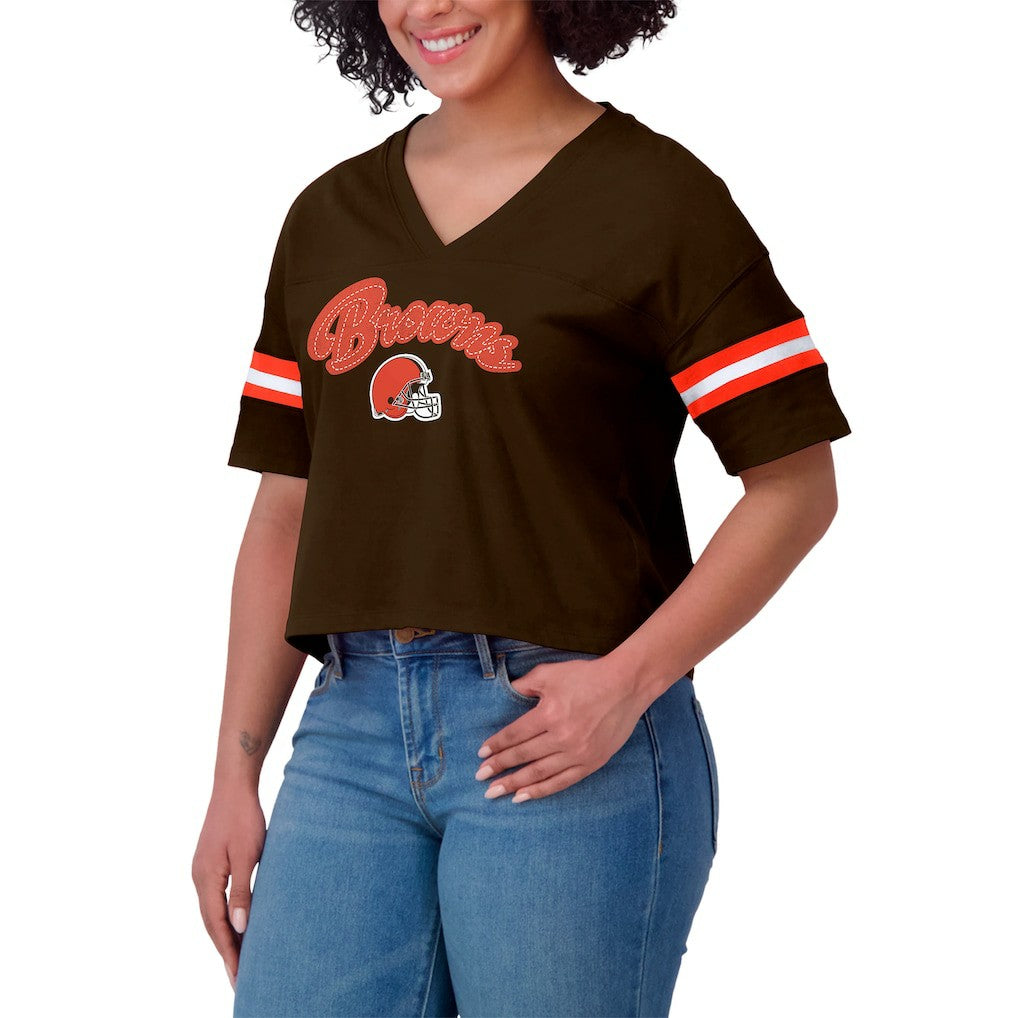 Cleveland Browns WEAR by Erin Andrews Women's Plus Size Color Block Boxy T-Shirt - Brown/White for sale