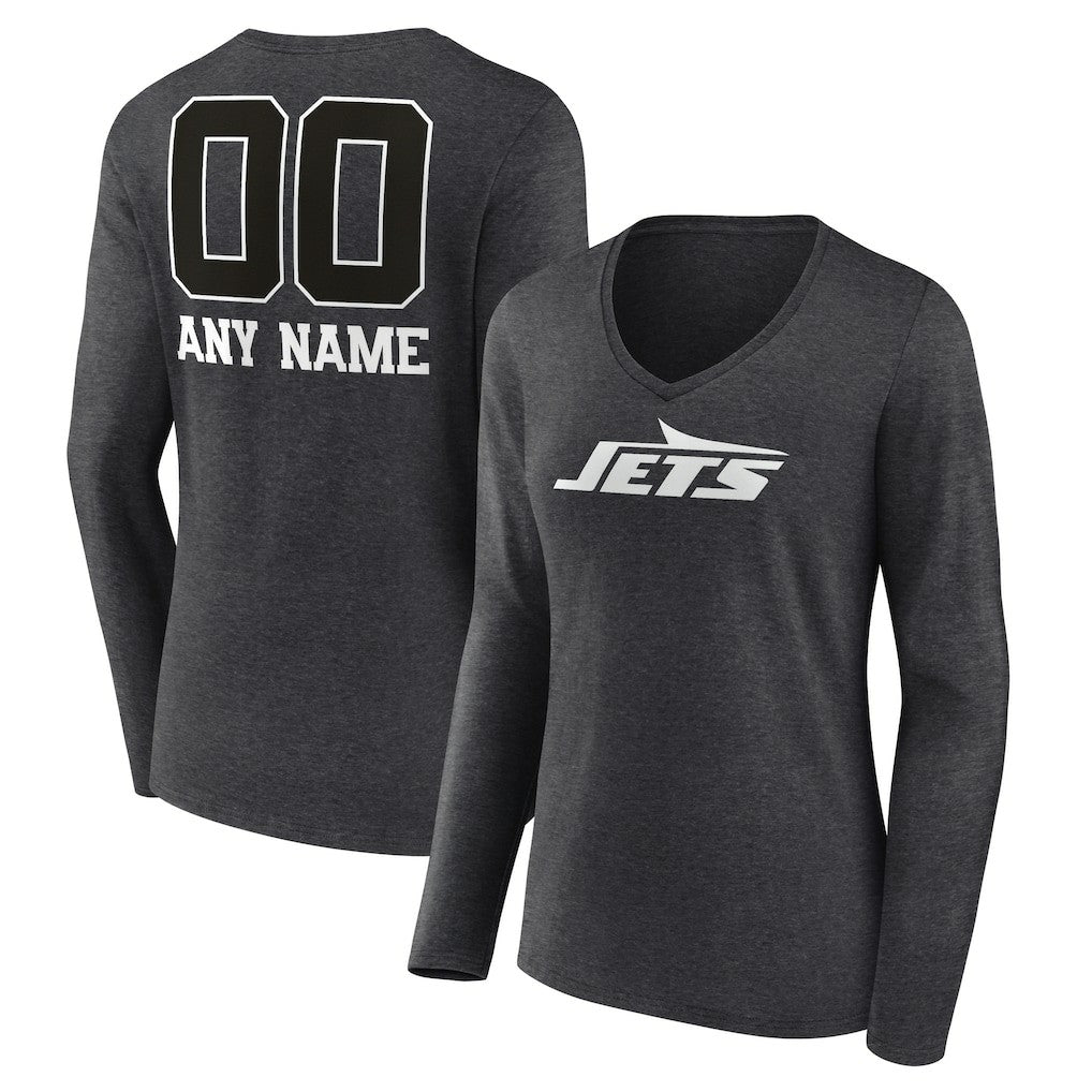 New York Jets Women's Personalized Name & Number Monochrome V-neck T-Shirt - Charcoal outlet