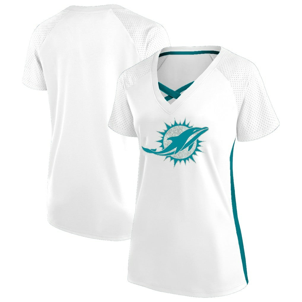 Miami Dolphins Women's Plus Size Glitter Lace-Up V- Neck T-Shirt - White online