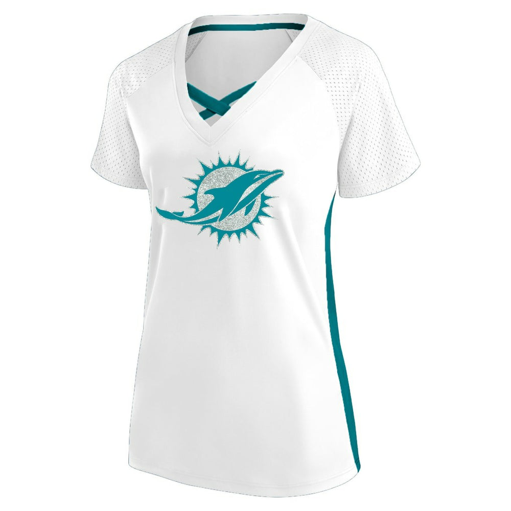 Miami Dolphins Women's Plus Size Glitter Lace-Up V- Neck T-Shirt - White online
