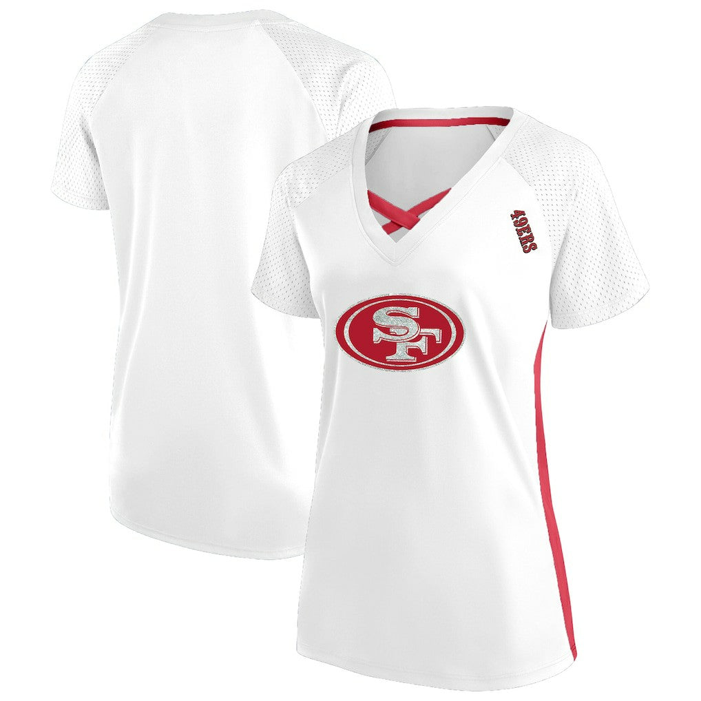 San Francisco 49ers Women's Plus Size Glitter Lace-Up V- Neck T-Shirt - White discount